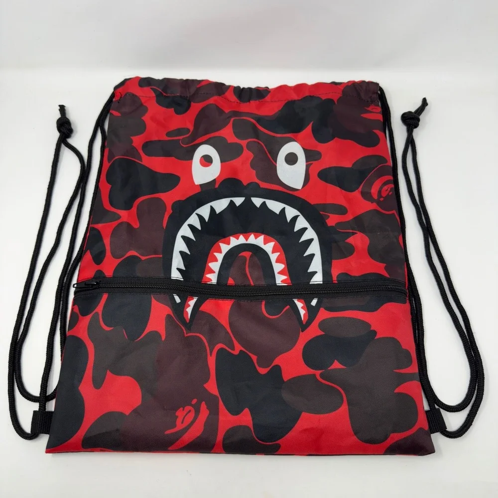 BAPE‎ Shark Drawstring Backpack Red Black Camo Zipper Pocket Streetwear Bag